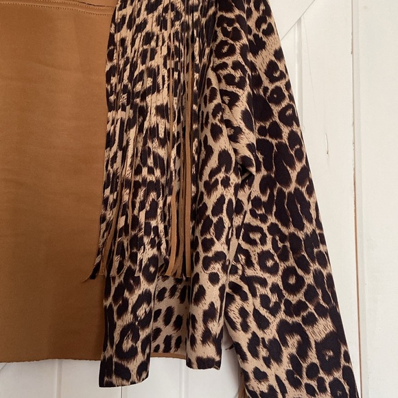 Vocal Women’s Faux Suede Fringed Leopard Jacket Large Raw Hem Cropped - Picture 2 of 7